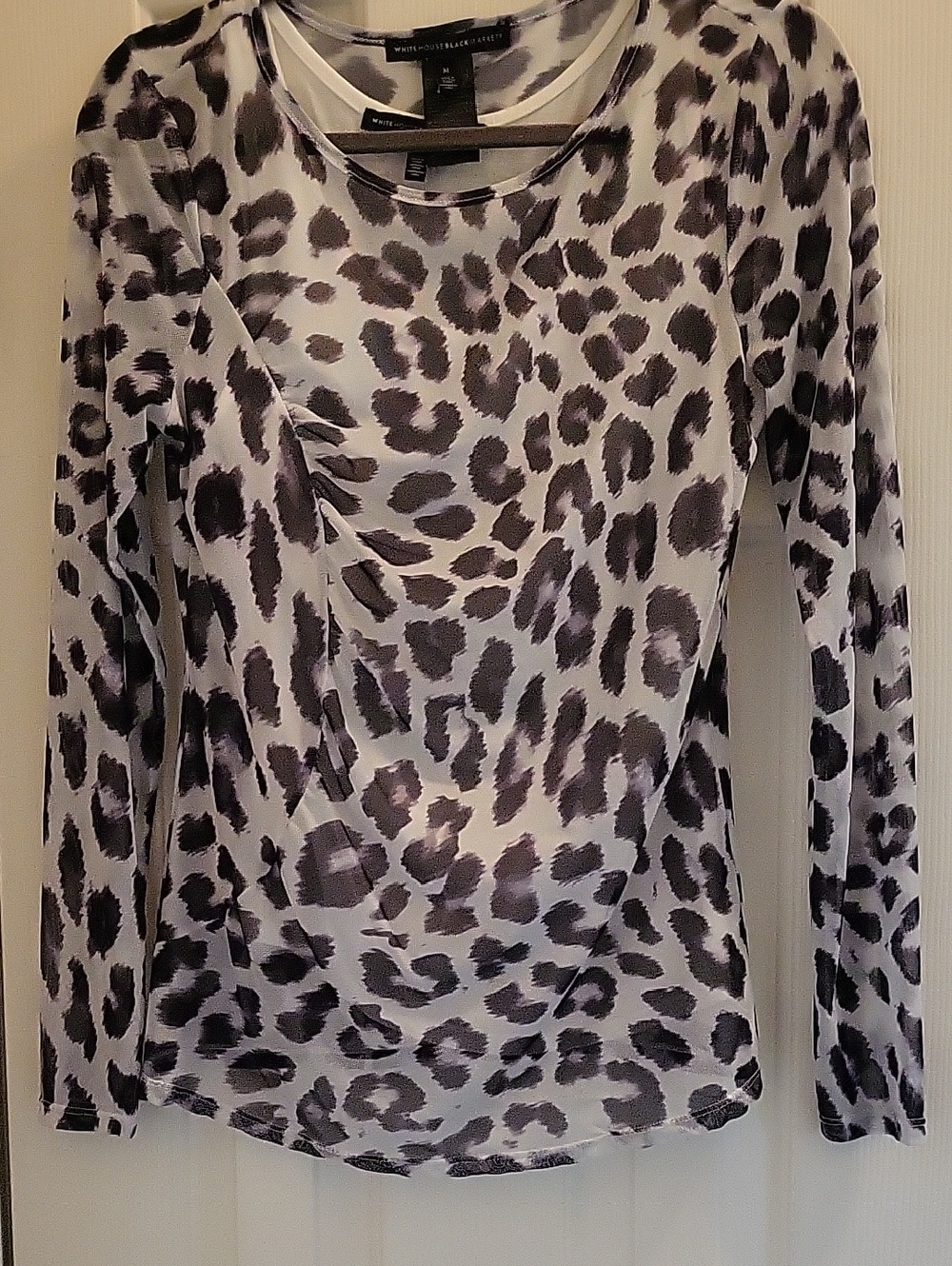 White House Black Market White Leopard-Print Long Sleeve Top. Very Nice